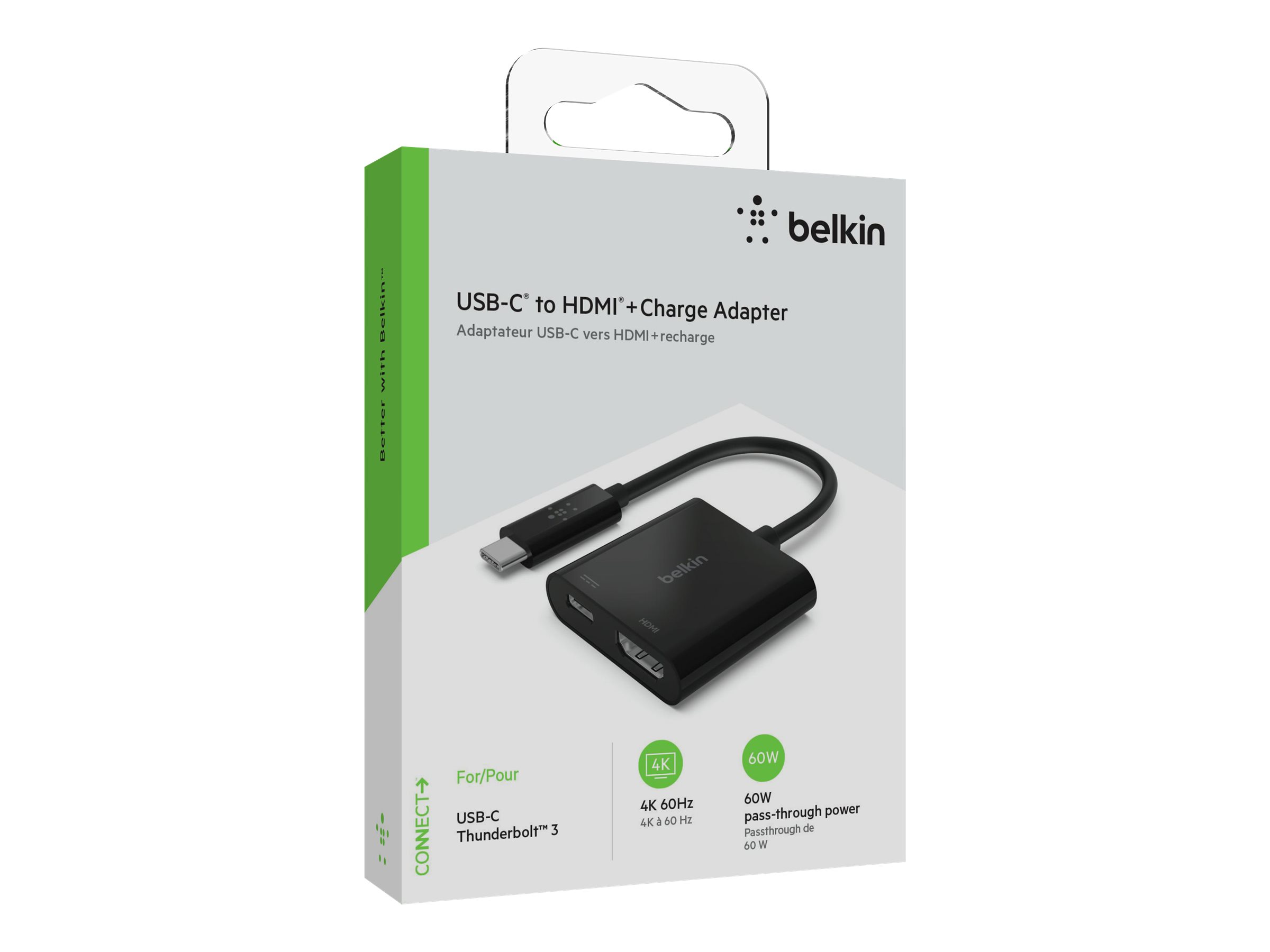 Belkin USB-C to HDMI + Charge Adapter - Adaptador de vídeo - 24 pin USB-C macho a HDMI, USB-C (solo alimentación) hembra - negro - compatibilidad con 4K, USB Power Delivery (60W)