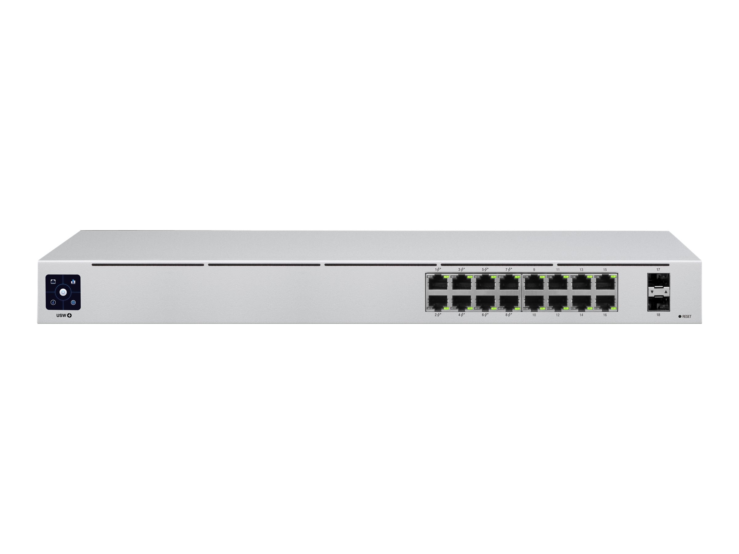 Ubiquiti UniFi Switch USW-16-POE - Conmutador - Gestionado - 16 x 10/100/1000 (8 PoE+) + 2 x Gigabit SFP - montaje en rack, sobremesa - PoE+ (42 W)
