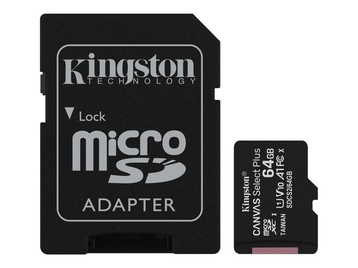 Kingston Canvas Select Plus - Tarjeta de memoria flash (adaptador microSDXC a SD Incluido) - 64 GB - A1 / Video Class V10 / UHS Class 1 / Class10 - microSDXC UHS-I