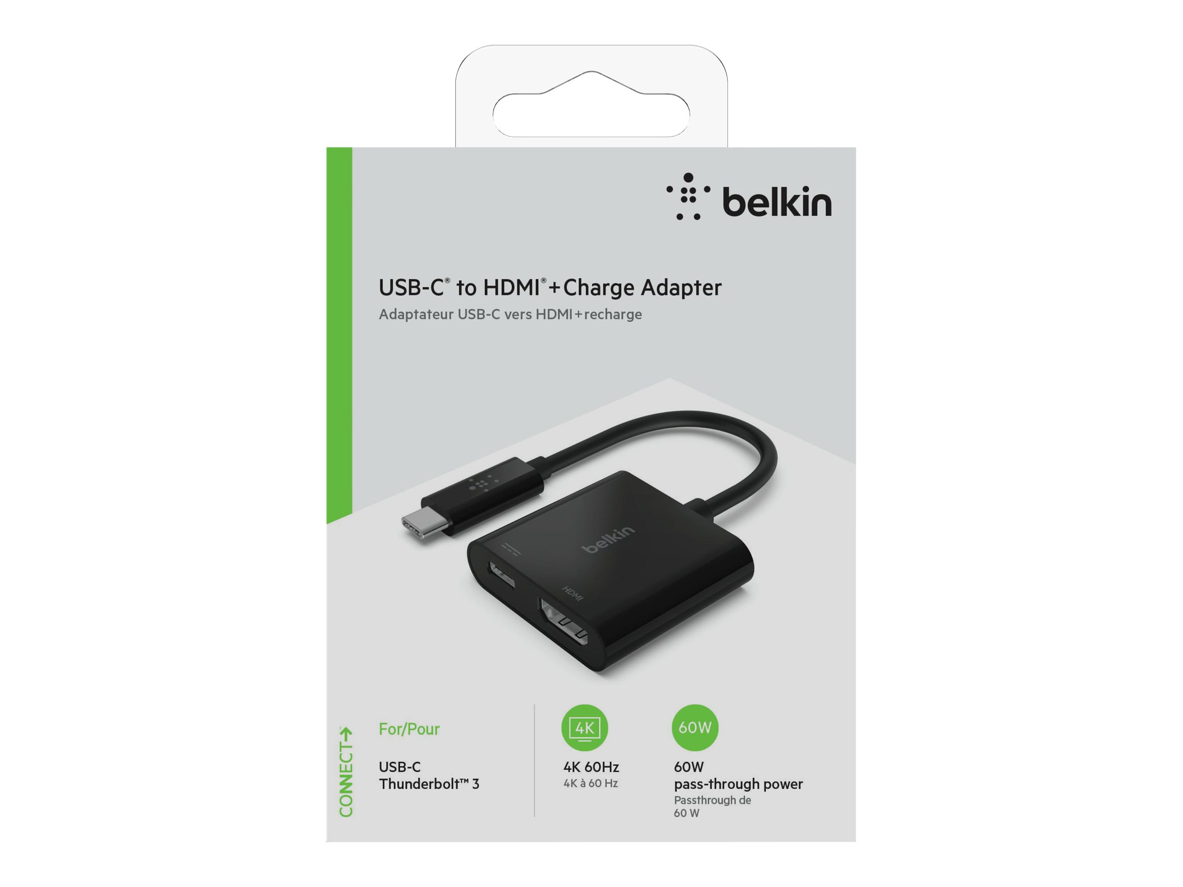 Belkin USB-C to HDMI + Charge Adapter - Adaptador de vídeo - 24 pin USB-C macho a HDMI, USB-C (solo alimentación) hembra - negro - compatibilidad con 4K, USB Power Delivery (60W)